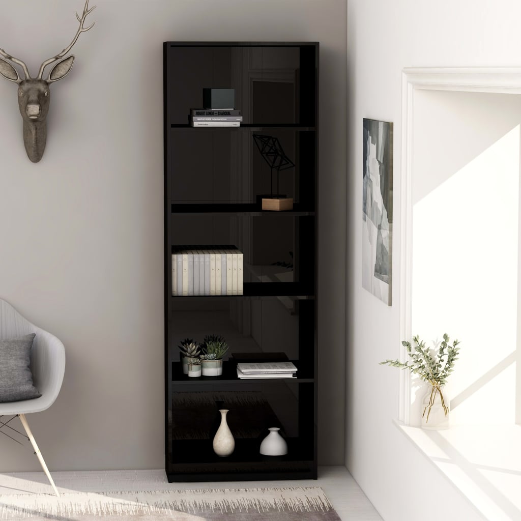 vidaXL 5-szintes fényes fekete forgácslap könyvszekrény 60x24x175 cm