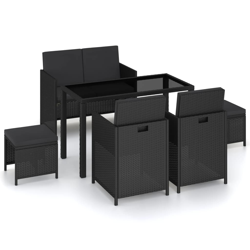vidaXL 6 részes fekete polyrattan kültéri étkezőszett párnákkal