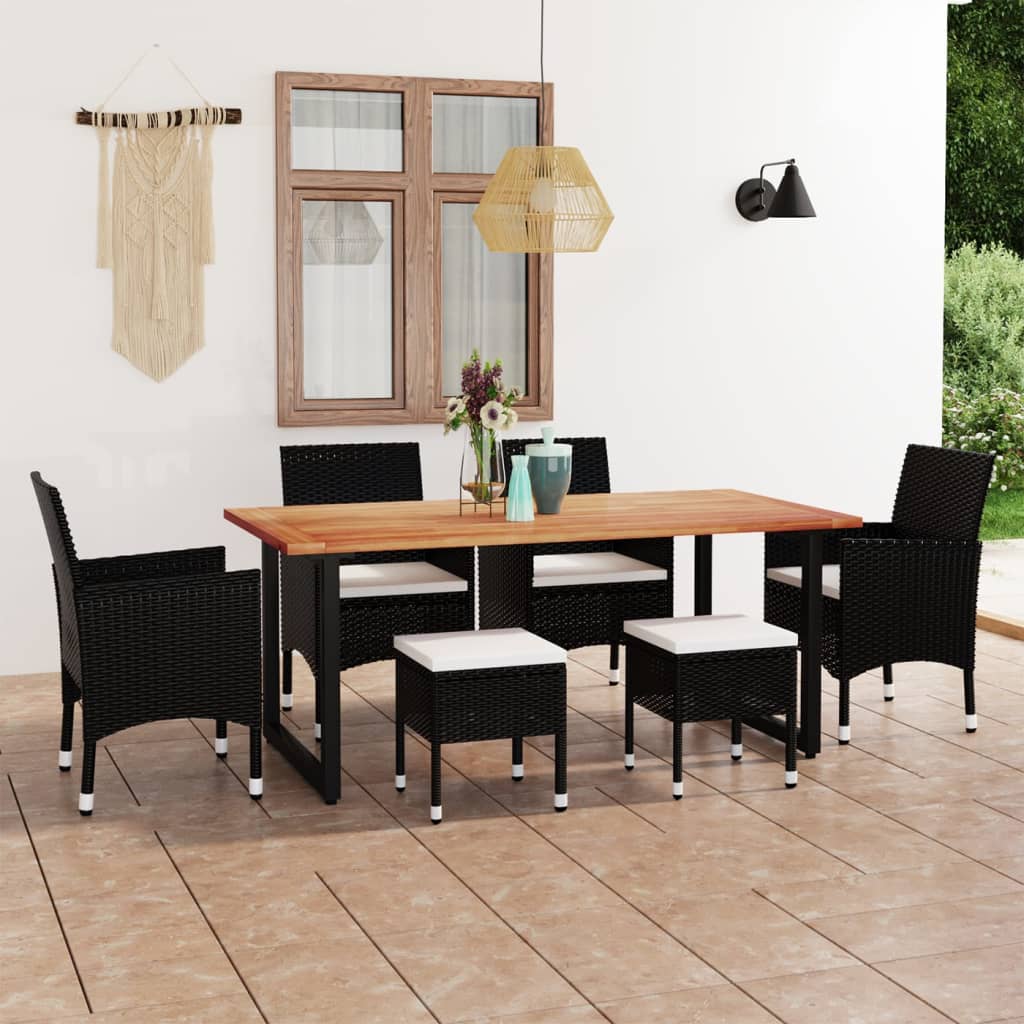 vidaXL 7 részes fekete polyrattan kerti étkezőgarnitúra párnákkal