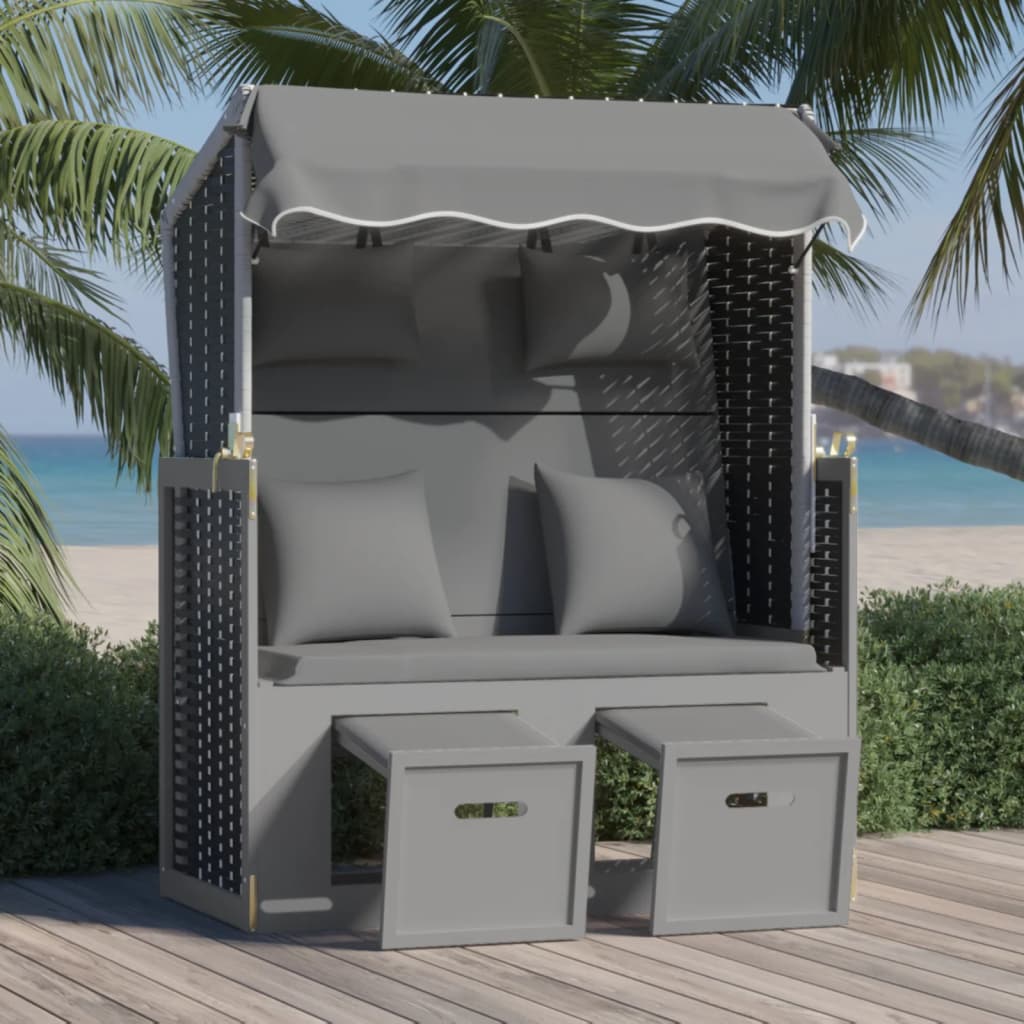 vidaXL antracitszürke-fekete polyrattan és fa strandszék párnával