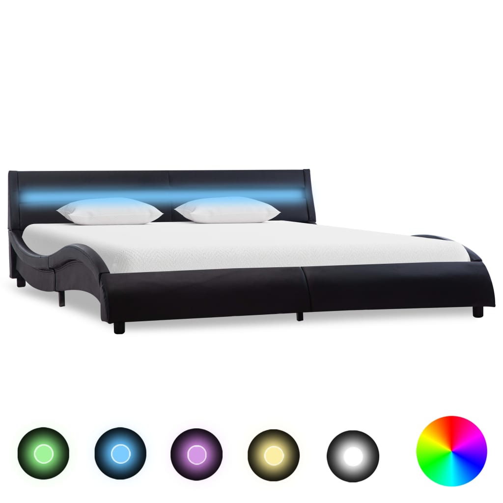 vidaXL fekete LED-es műbőr ágykeret 160 x 200 cm