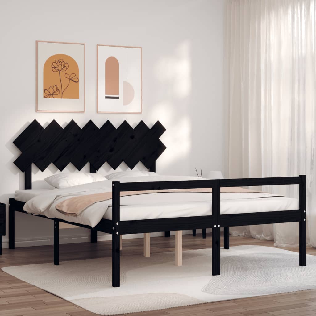 vidaXL fekete tömör fa ágykeret fejtámlával 160 x 200 cm