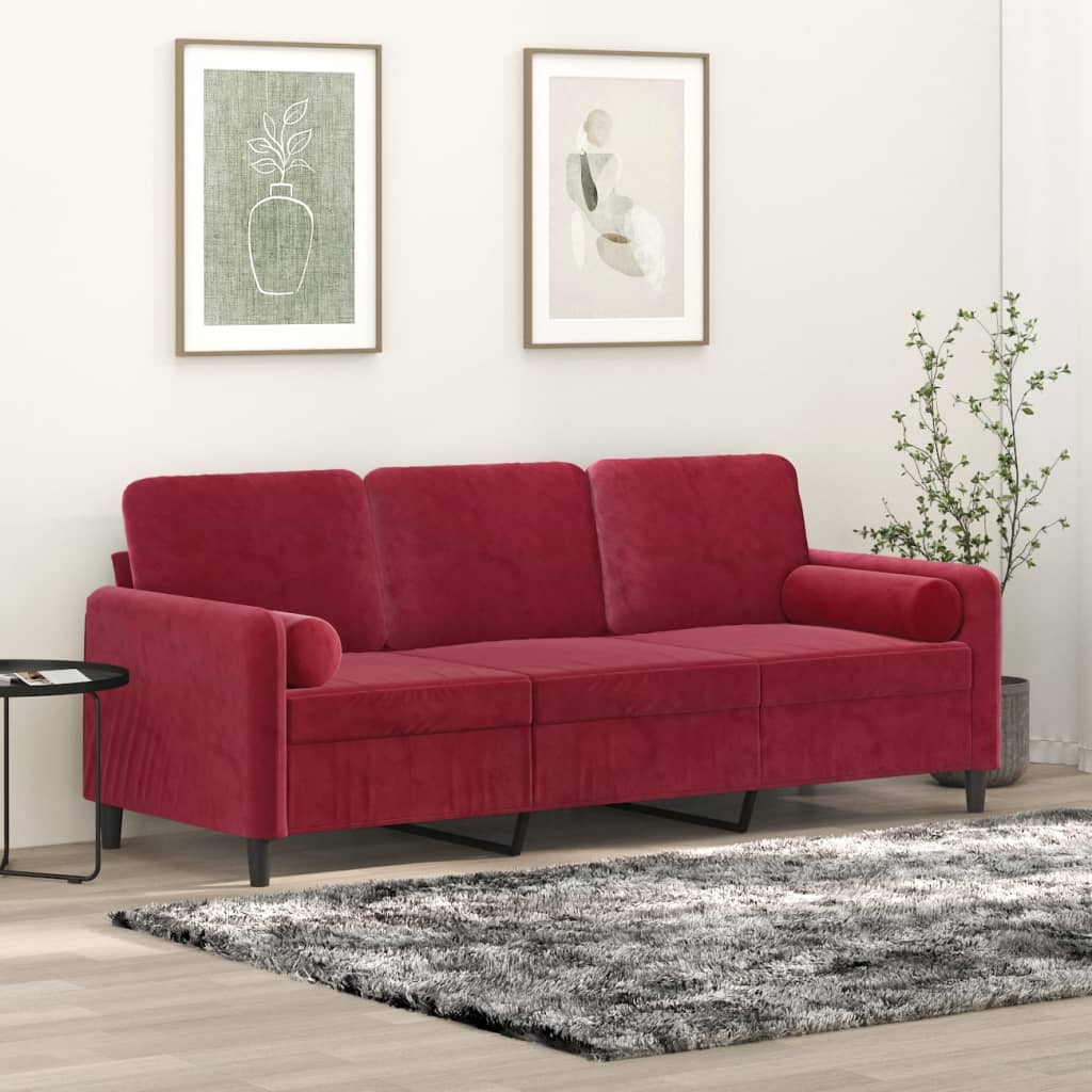 vidaXL 3 személyes bordó bársony kanapé párnákkal 180 cm