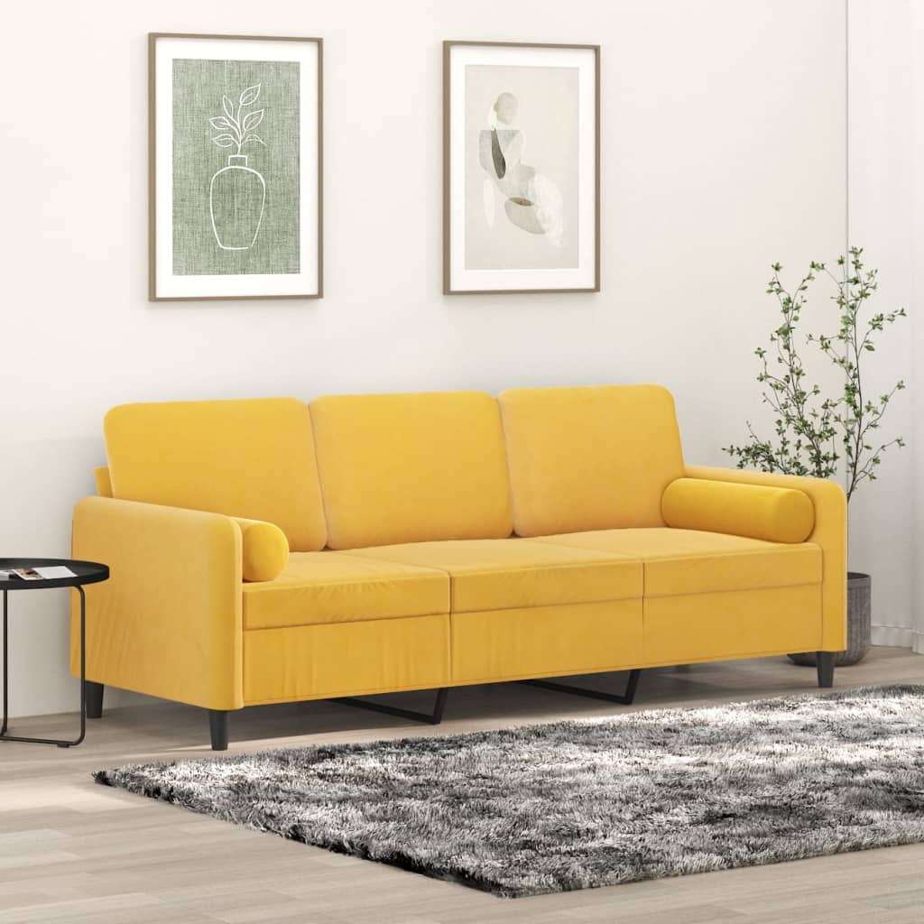 vidaXL 3 személyes világossárga bársony kanapé párnákkal 180 cm