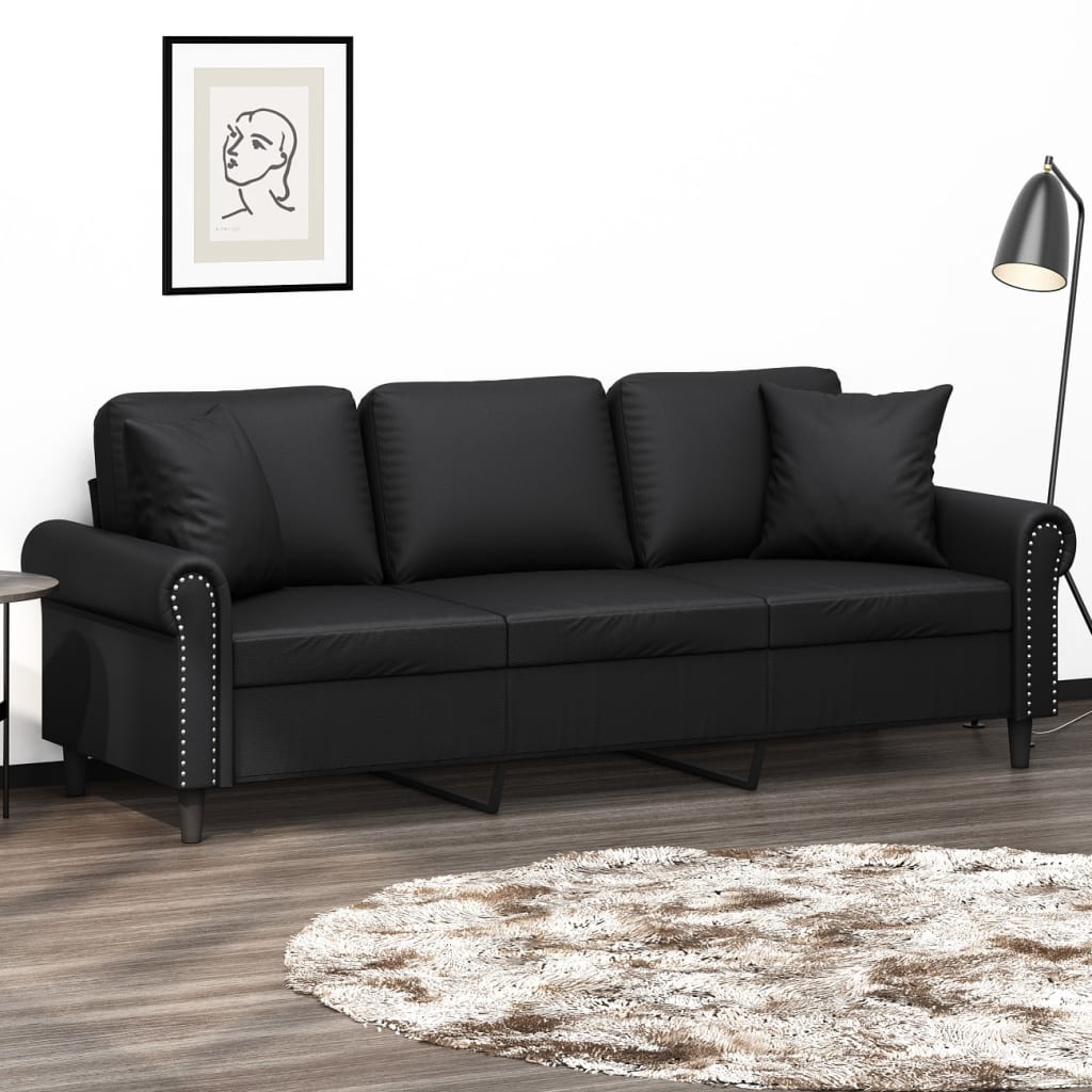 vidaXL 3 személyes fekete műbőr kanapé párnákkal 180 cm