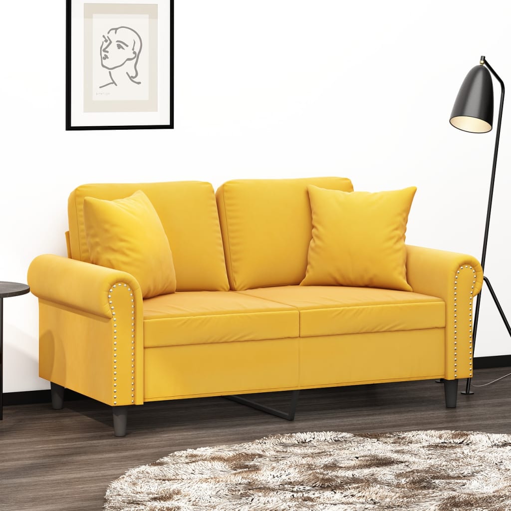 vidaXL 2-személyes világossárga bársonykanapé párnákkal 120 cm