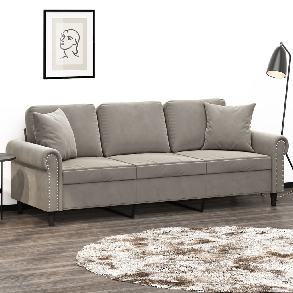 vidaXL 3 személyes világosszürke bársony kanapé párnákkal 180 cm