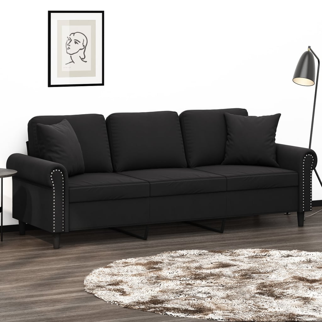 vidaXL 3 személyes fekete bársony kanapé párnákkal 180 cm