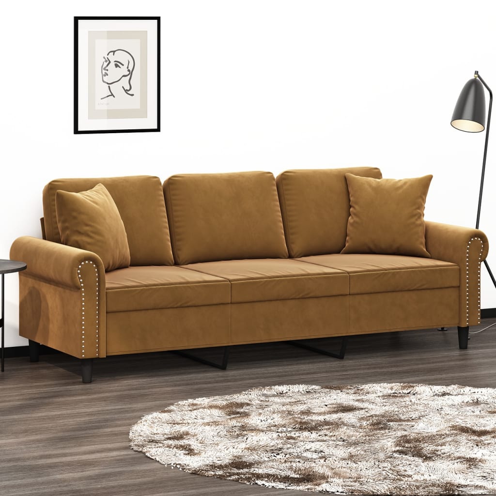 vidaXL 3 személyes barna bársony kanapé párnákkal 180 cm